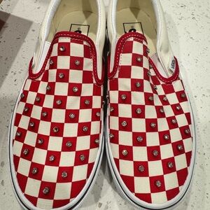 Vans Red and White Checkered Rhinestone Slip-On Shoes